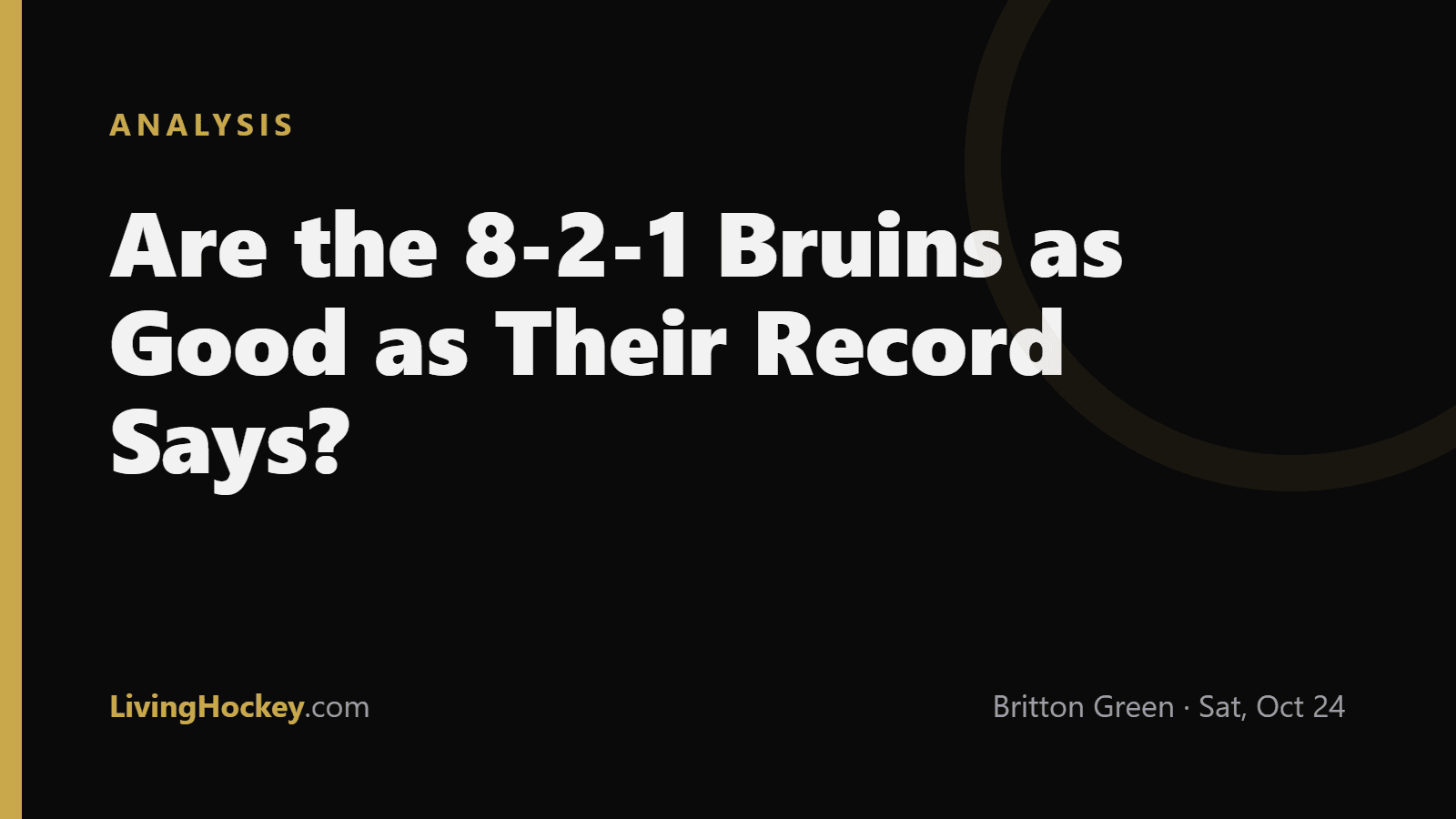 Title card reading 'Are the 8-2-1 Bruins as Good as Their Record Says?' in white text on a dark LivingHockey background.