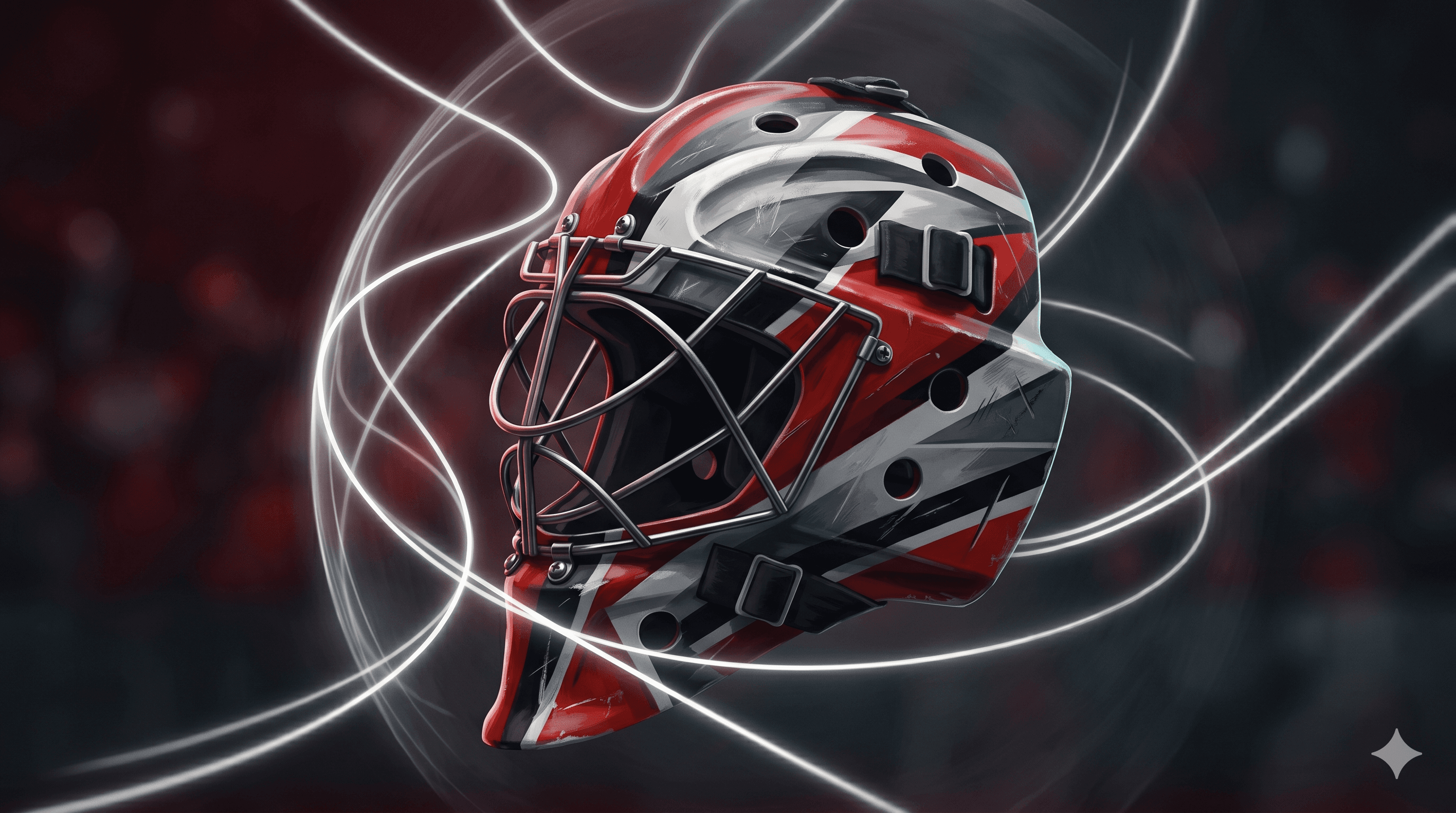 Stylized illustration of a Carolina Hurricanes goaltender mask in red, black, and white surrounded by streaks of light against a dark arena backdrop, evoking Frederik Andersen's historic 7-0 start to the 2026 NHL Stanley Cup Playoffs.