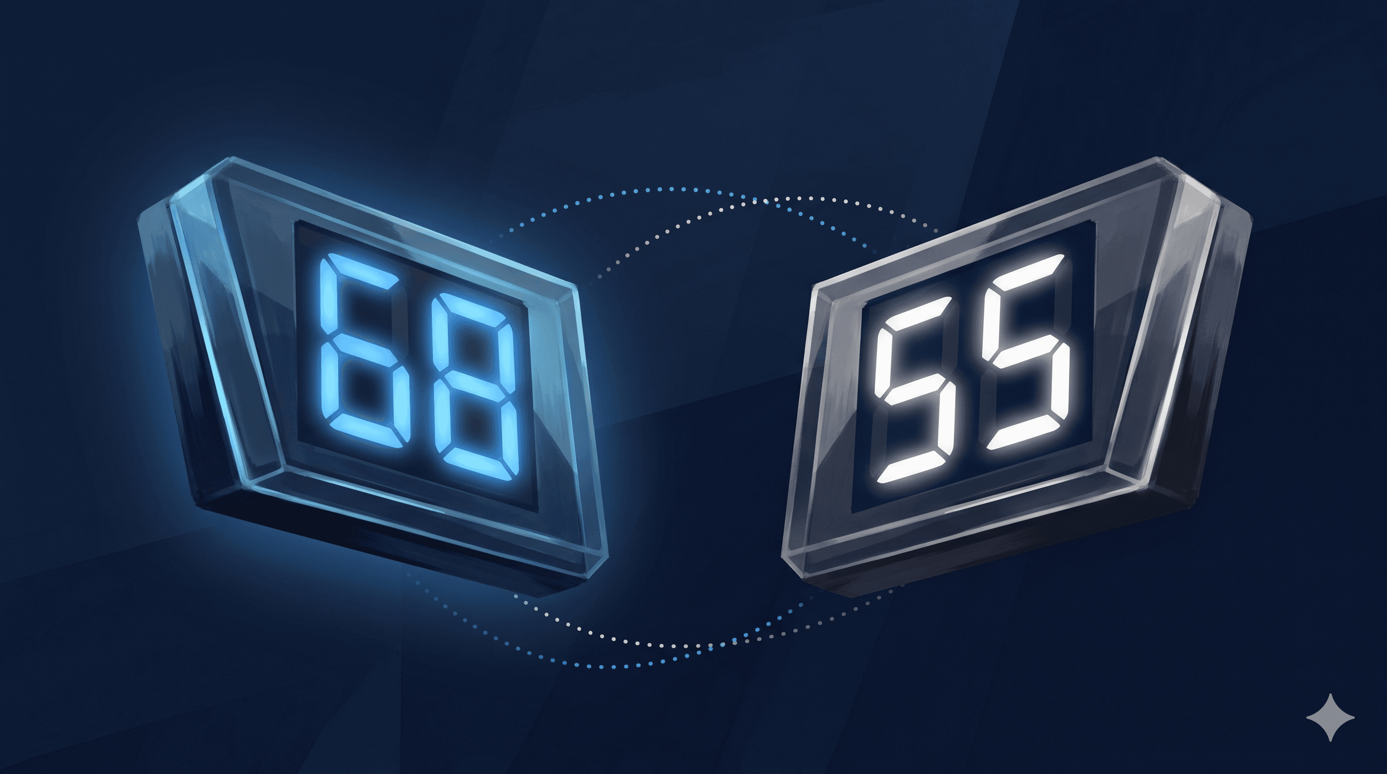 Stylized illustration of two glowing seven-segment scoreboard displays — a blue panel and a white panel showing illustrative shot-attempt counts — connected by orbiting dotted lines, representing the difference between Corsi and Fenwick possession metrics in NHL hockey analytics.