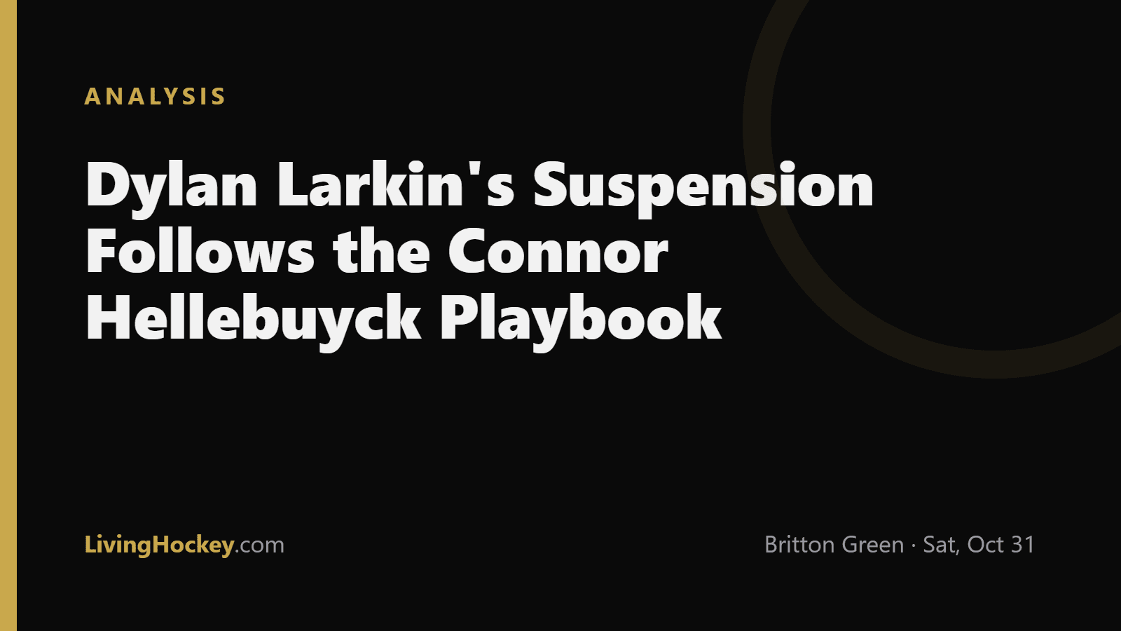Title card reading "Dylan Larkin's Suspension Follows the Connor Hellebuyck Playbook" in white text on a dark LivingHockey background.