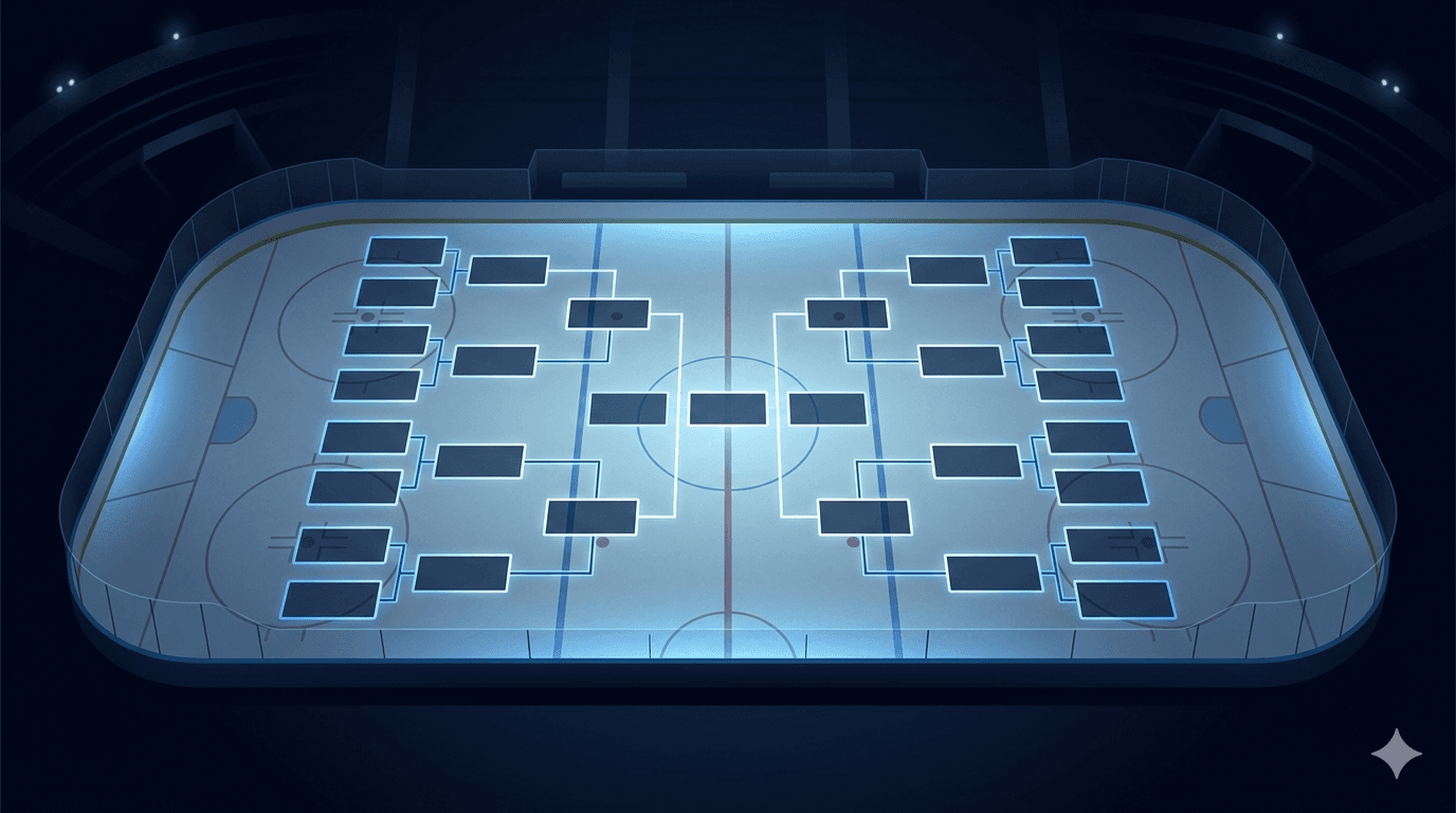Stylized illustration of the 2026 NHL Stanley Cup Playoffs bracket set inside a dark hockey rink, representing the controversial divisional playoff format the NHL has used since 2014.