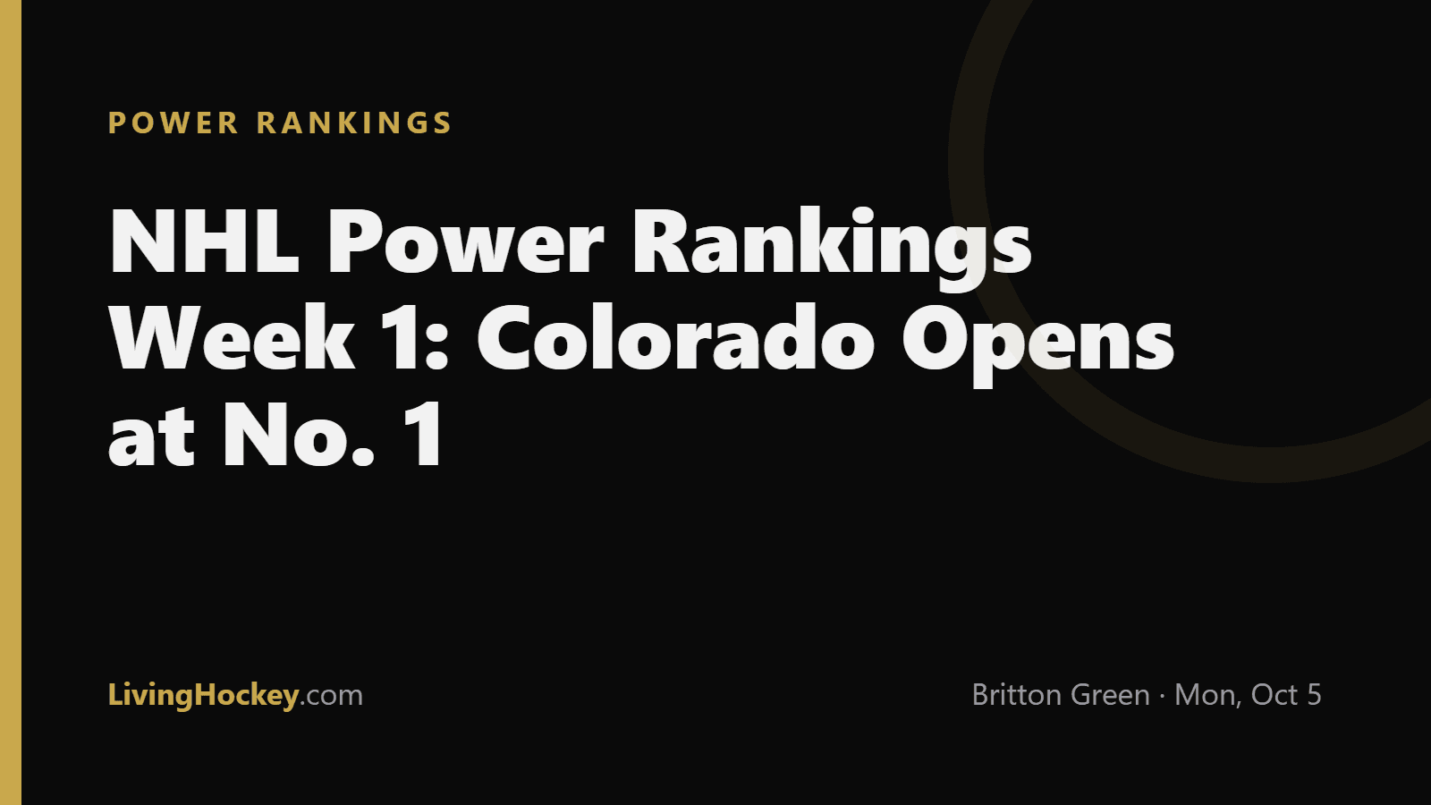 Dark LivingHockey title card reading NHL Power Rankings Week 1: Colorado Opens at No. 1