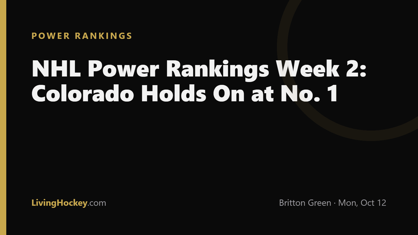 Dark LivingHockey title card reading NHL Power Rankings Week 2: Colorado Holds On at No. 1