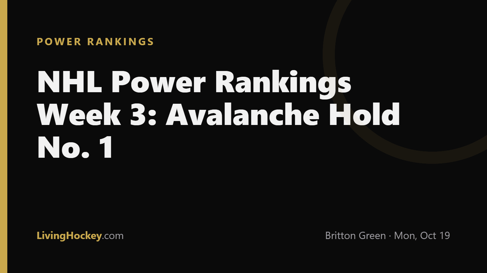 Title card reading NHL Power Rankings Week 3: Avalanche Hold No. 1 on a dark LivingHockey background.