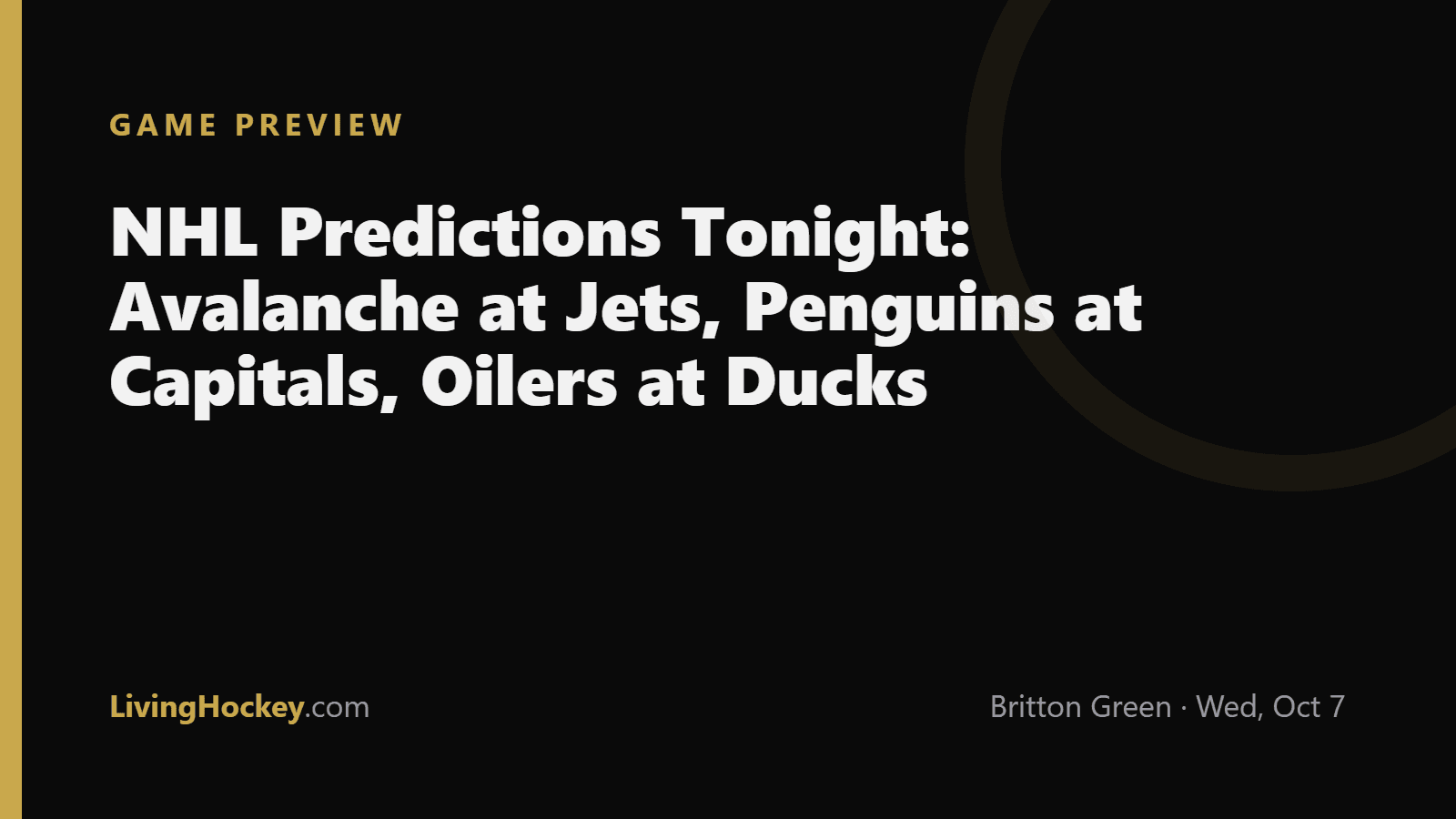 Title card reading NHL Predictions Tonight: Avalanche at Jets, Penguins at Capitals, Oilers at Ducks on a dark LivingHockey background.