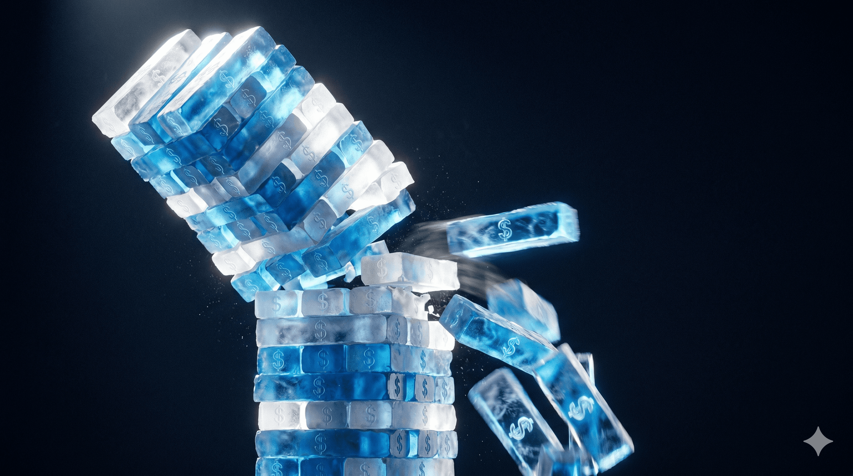 Stacked blue ice blocks marked with dollar signs collapsing in a dark scene, illustrating the closure of the NHL salary cap LTIR playoff loophole under the new collective bargaining agreement.
