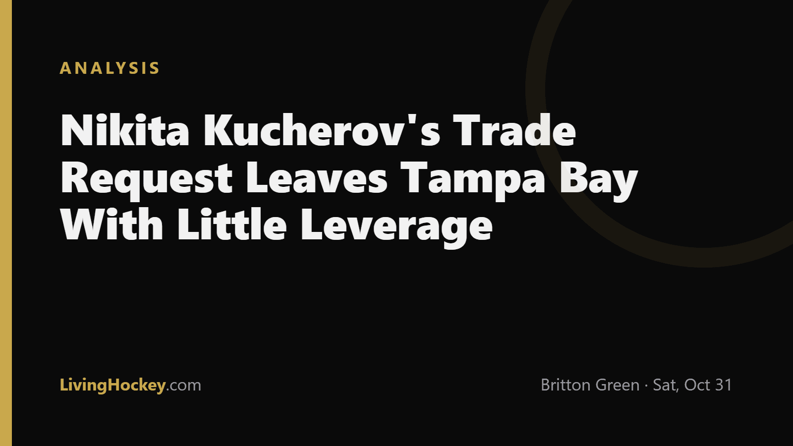 Title card reading "Nikita Kucherov's Trade Request Leaves Tampa Bay With Little Leverage" in white text on a dark LivingHockey background.