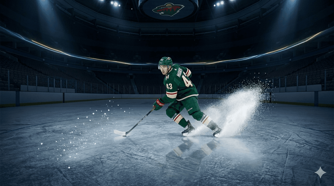 Quinn Hughes in a Minnesota Wild #43 jersey skating with the puck inside the team's arena under blue rink lights, illustrating the blockbuster 2026 trade that brought him from the Vancouver Canucks to Minnesota.