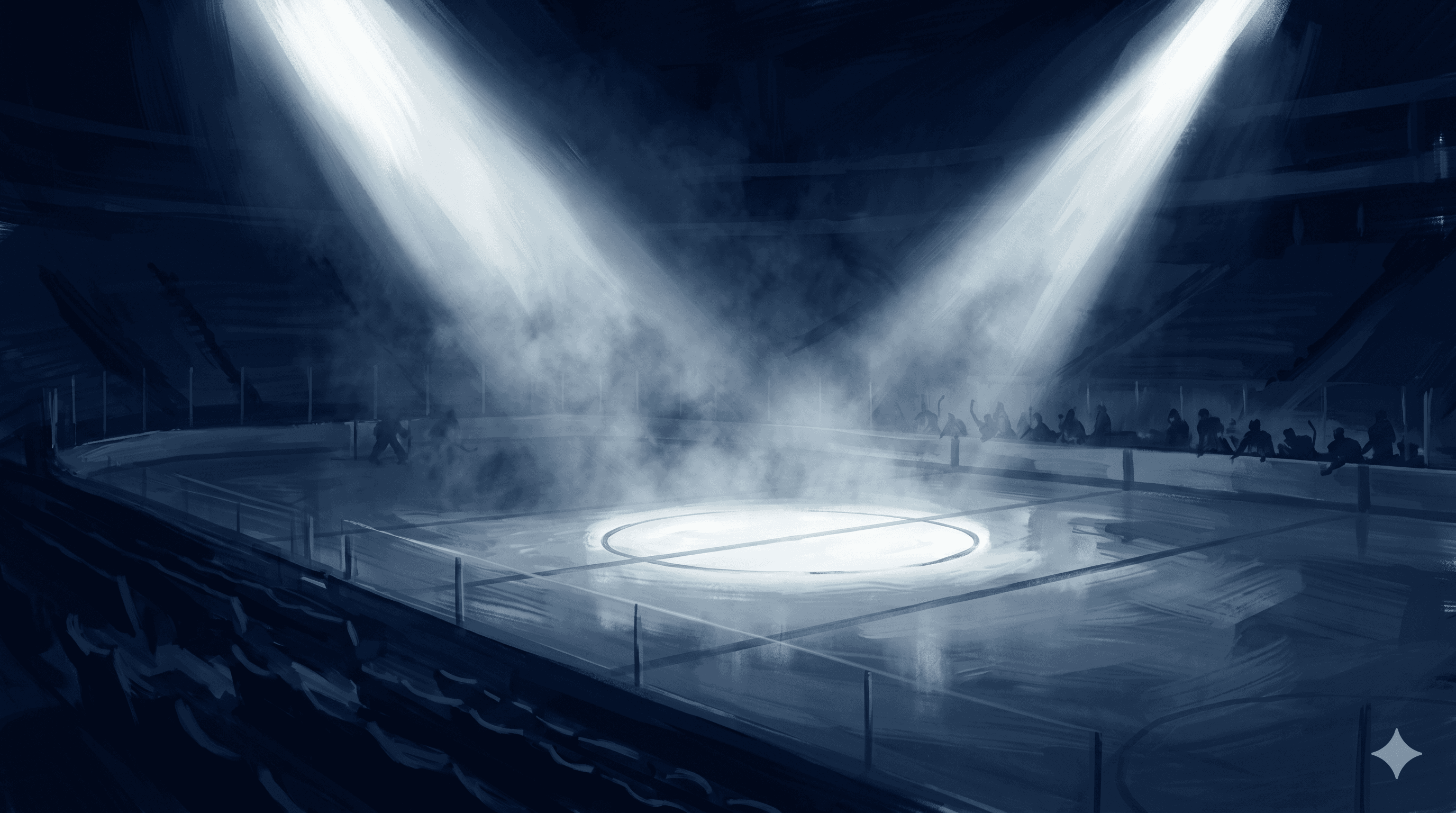 Stylized illustration of a darkened hockey arena with two spotlights shining down through fog onto center ice, evoking Game 3 of the 2026 NHL Eastern Conference Second Round series between the Buffalo Sabres and Montreal Canadiens at Bell Centre.