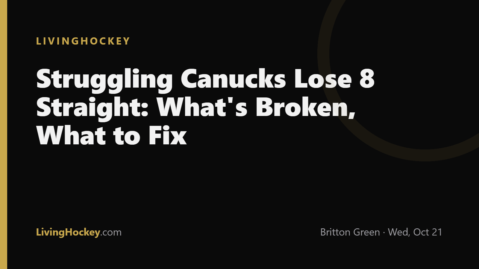 Title card reading 'Struggling Canucks Lose 8 Straight: What's Broken, What to Fix' in white text on a dark LivingHockey background.